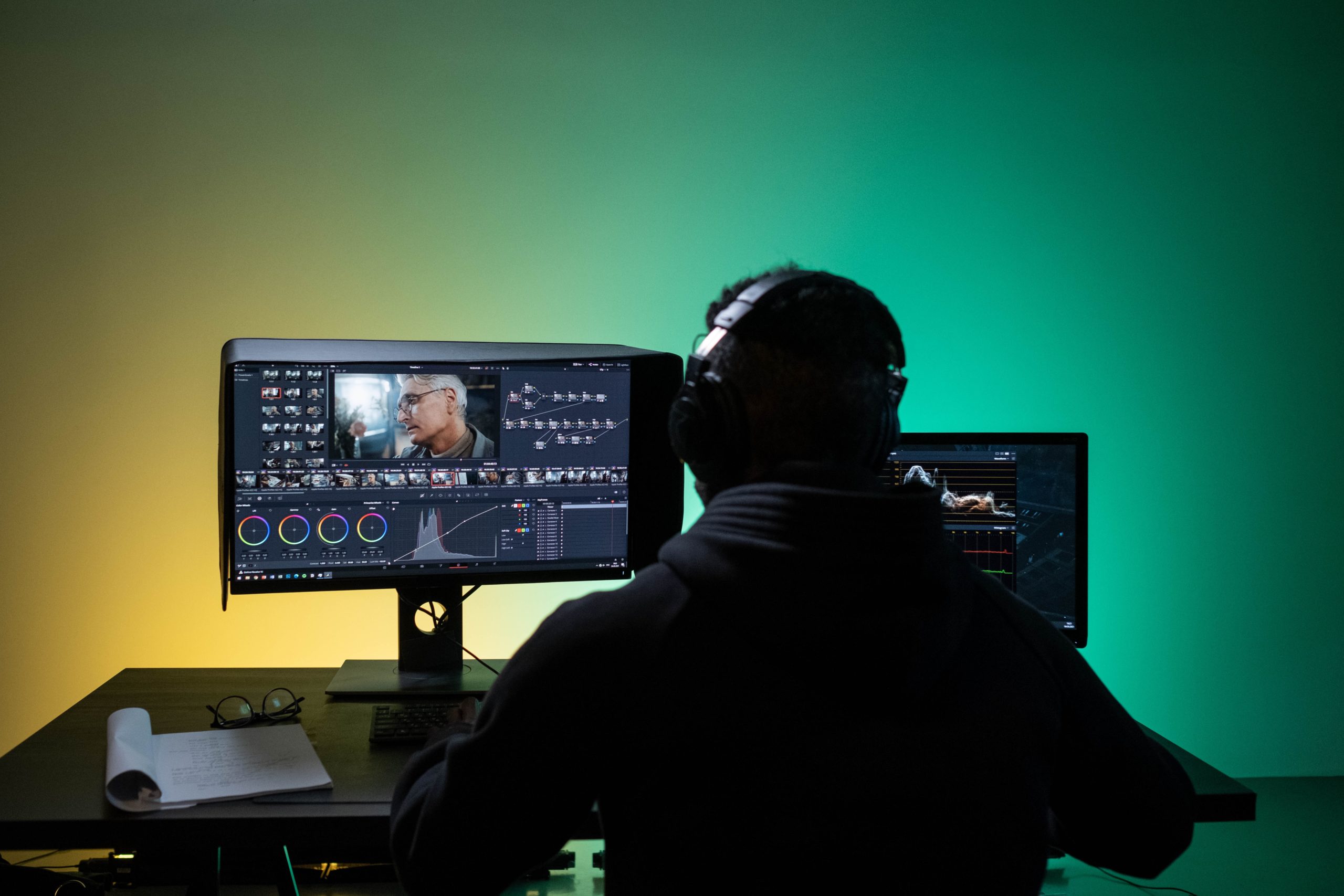 person sitting at computer editing a documentary